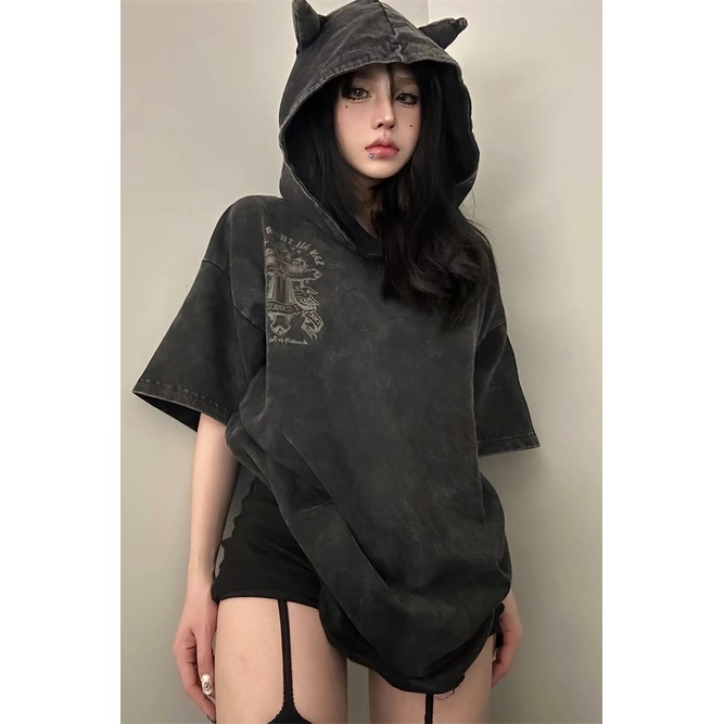 Áo Thun Cotton Có Mũ Trùm Dáng Rộng Tay Ngắn Phong Cách Đường Phố Thời Trang 2023