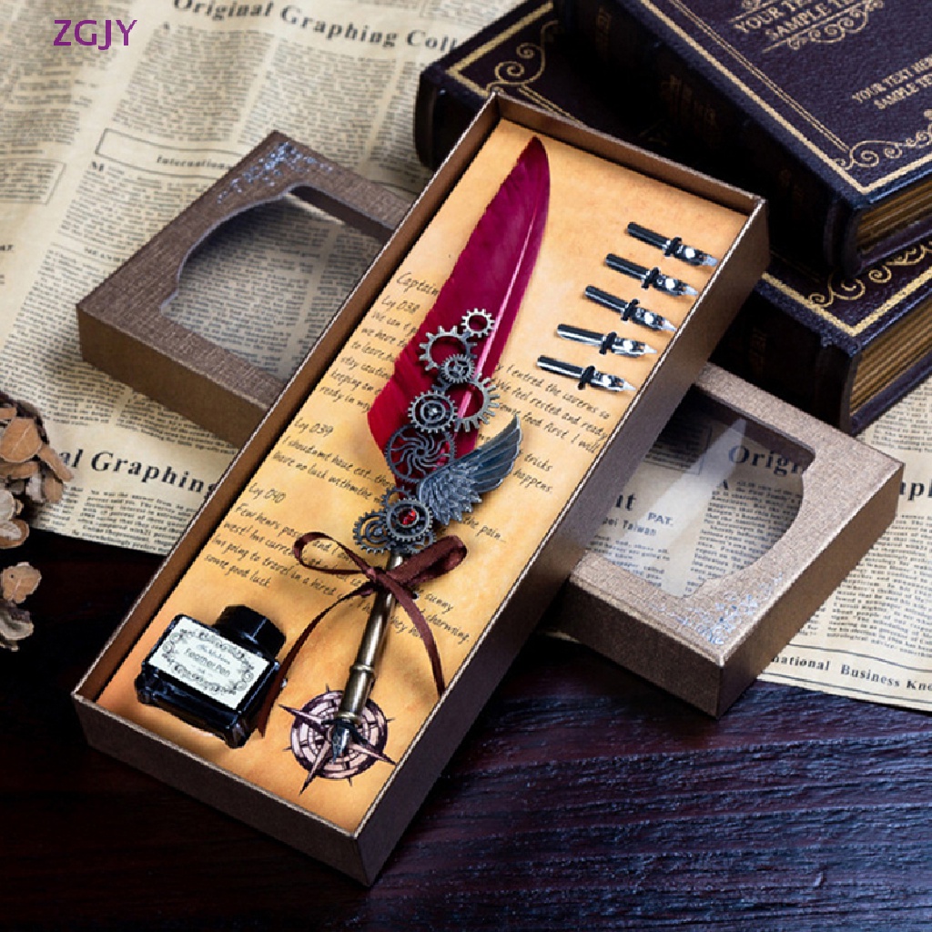 1 Set Bút Mực Nước Bằng Kim Loại Hình Lông Vũ Phong Cách Cổ Điển Mới