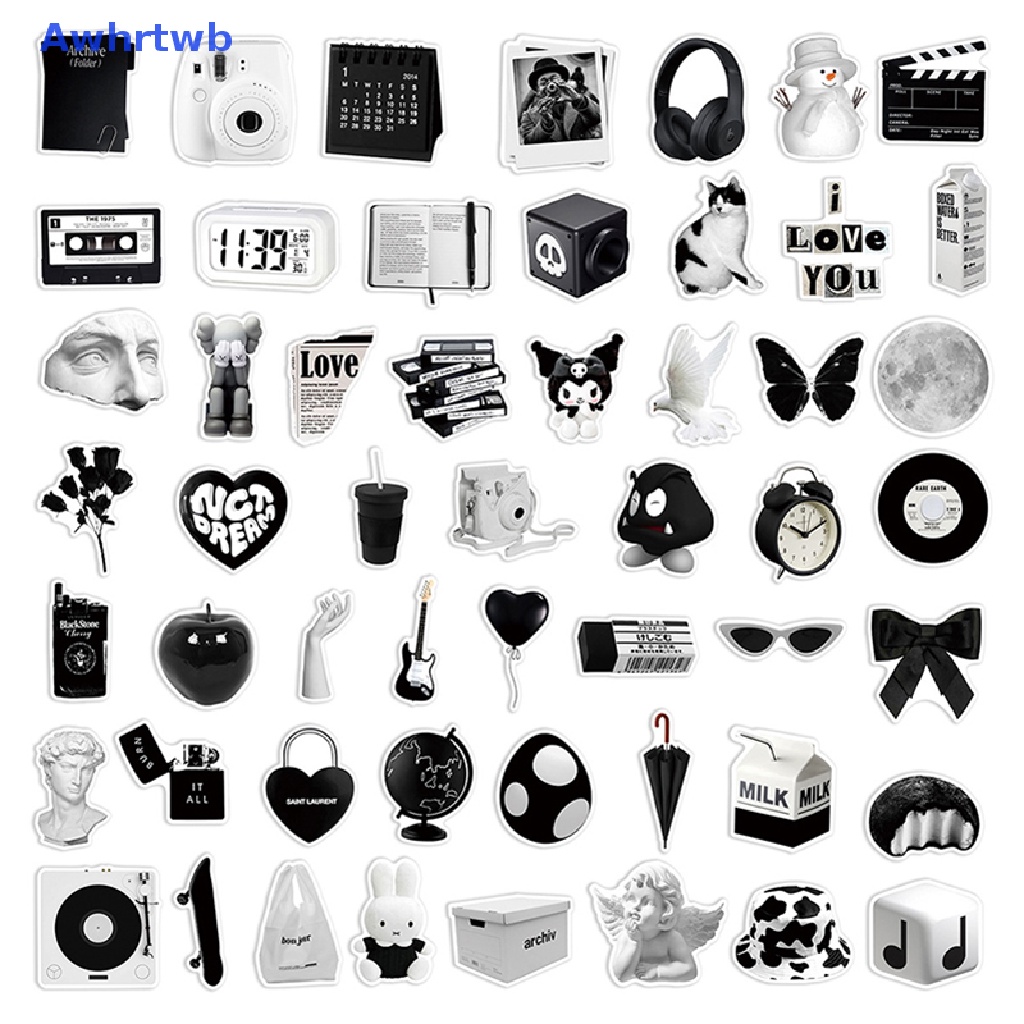 Set 50 Sticker Màu Trắng Đen Trang Trí Sổ Tay DIY Mới