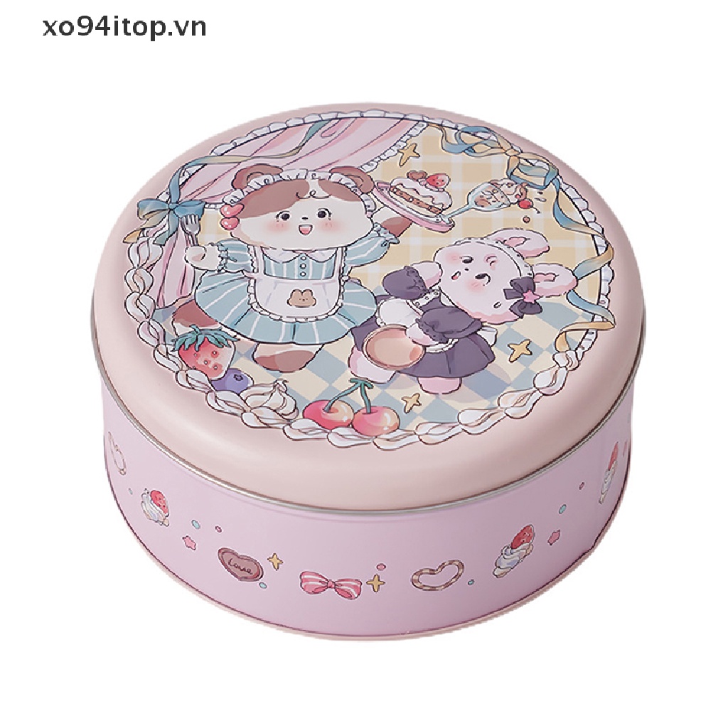 Hộp Thiếc Đựng Bánh Quy / Món Tráng Miệng Hình Tròn Cỡ Lớn In Họa Tiết Gấu / Thỏ Dễ Thương Tiện Dụng