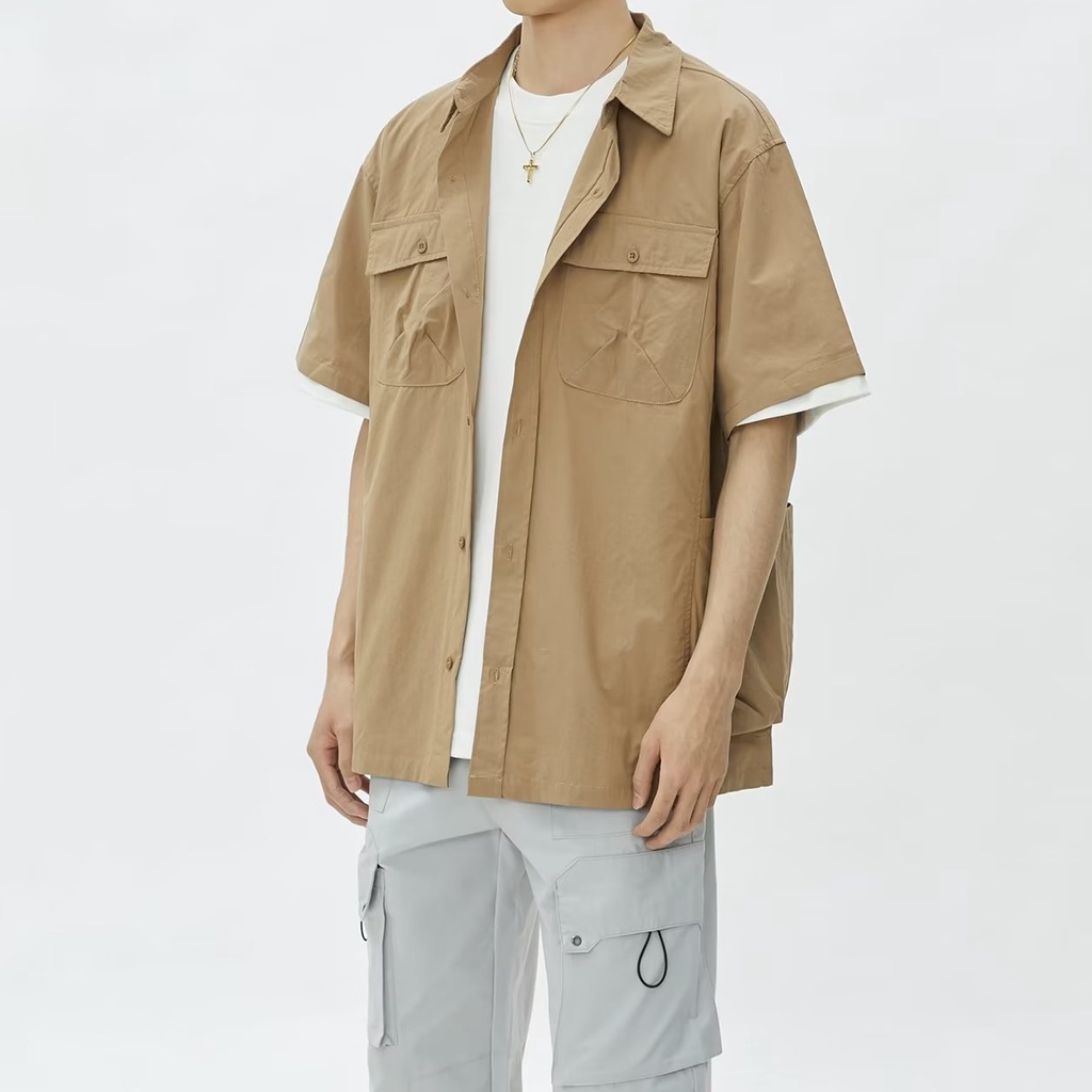 Áo Sơ Mi Ngắn Tay Dáng Rộng Phối Túi Lớn Thời Trang Mùa Hè Nhật Bản Dành Cho Nam