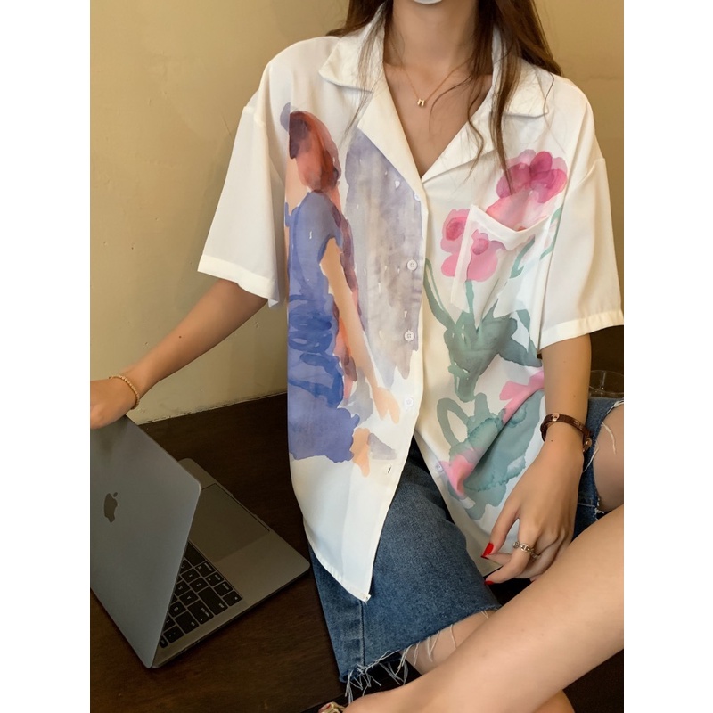 Áo Sơ Mi Tay Ngắn Dáng Rộng In Họa Tiết Thời Trang Cho Nữ