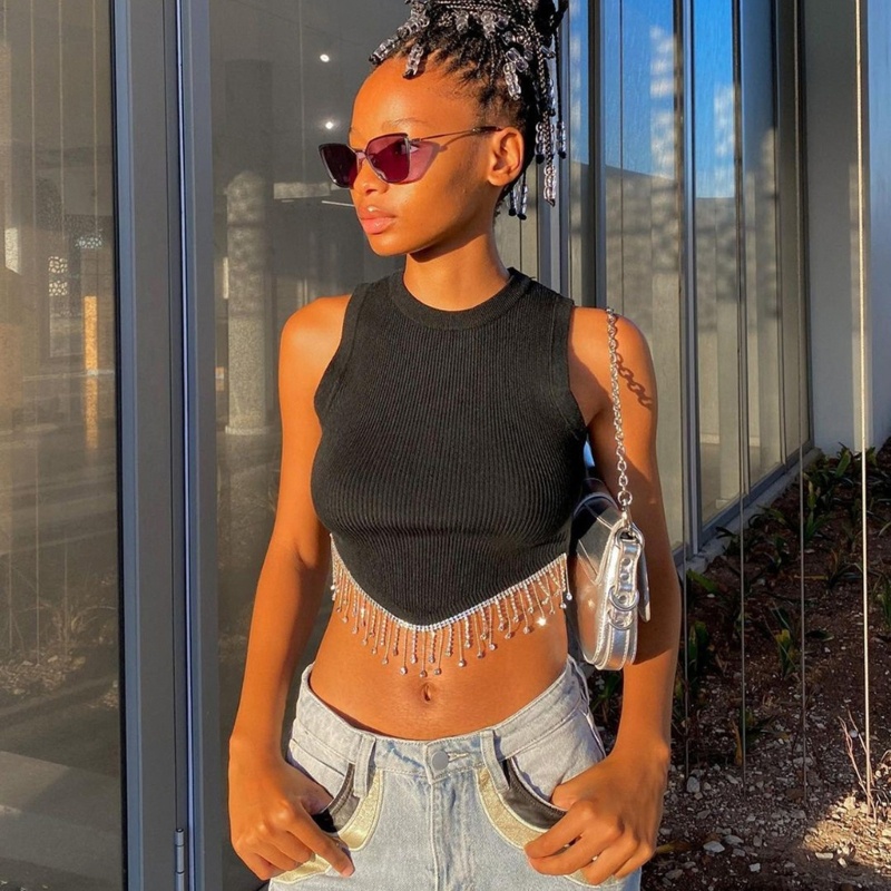 Áo Croptop Sát Nách Phối Tua Rua Đính Đá Phong Cách Đường Phố Cho Nữ Y2k