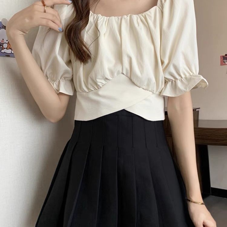 Áo Sơ Mi Ngắn Cổ Vuông Thắt Nơ Lưng Phong Cách Pháp Thời Trang Mùa Hè Cho Nữ