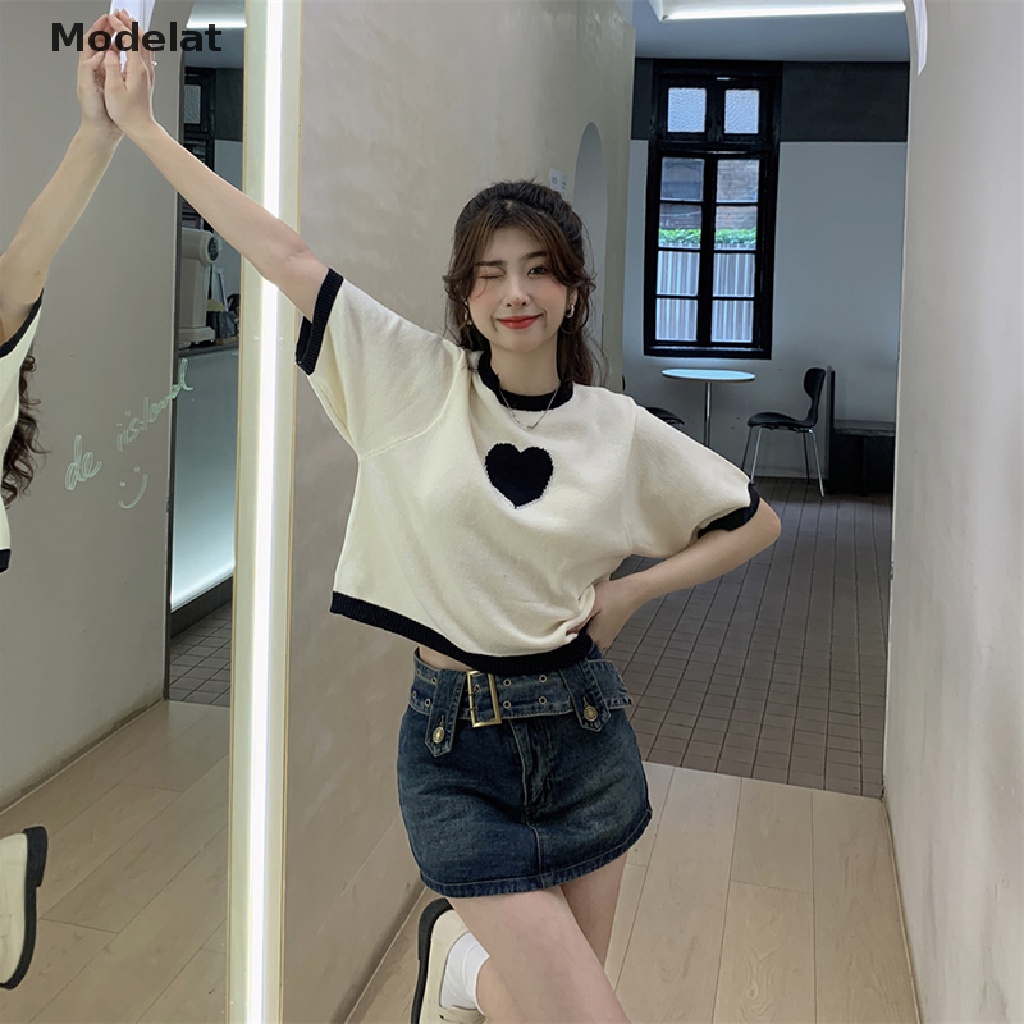 Áo Thun Croptop Dệt Kim Tay Ngắn Cổ Tròn Dáng Rộng In Hình Trái Tim Thời Trang Mùa Hè Cho Nữ