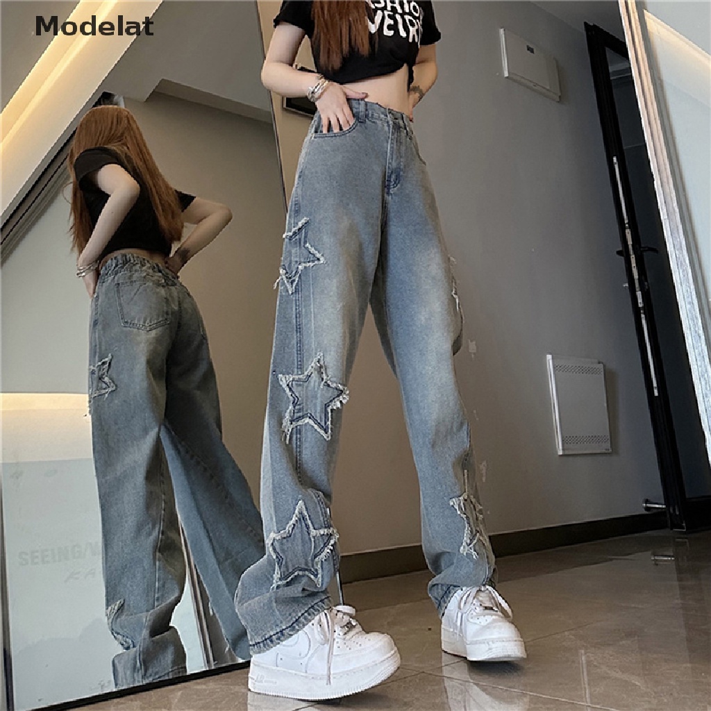 Quần Jean Lưng Cao HìNh Ngôi Sao Xanh Y2k Cá TíNh