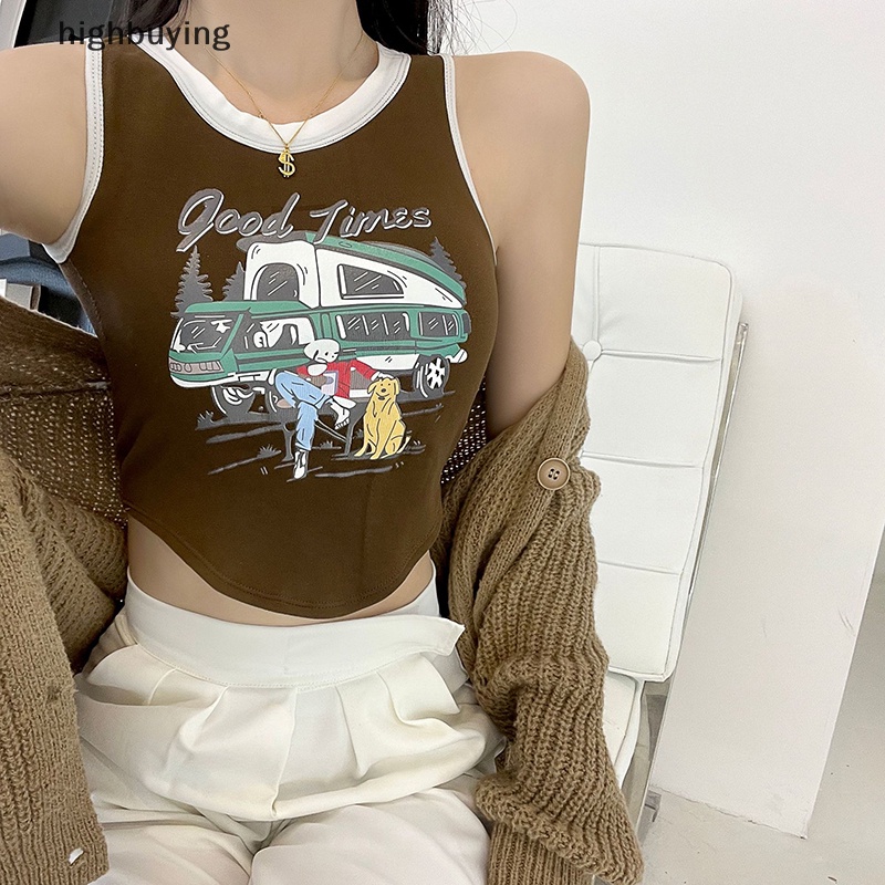 Áo Hai Dây Cổ Tròn In Họa Tiết Màu Sắc Tương Phản Phong Cách Retro Cho Nữ