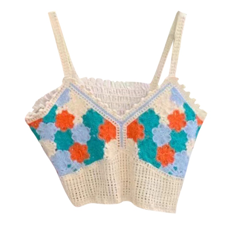 Áo Croptop Dệt Kim Hai Dây Cổ Chữ V Thêu Hoa Thời Trang Mùa Hè Dành Cho Nữ