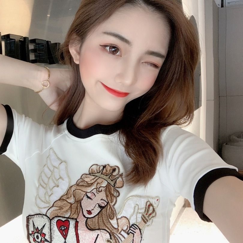 Áo Thun Tay Ngắn Dáng Ôm Thêu Họa Tiết Thời Trang Mùa Hè Xinh Xắn Cho Nữ