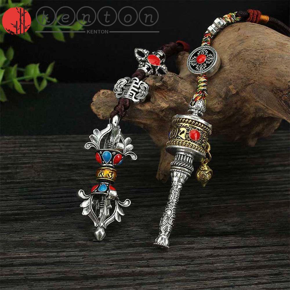 Kenton Mặt Dây Chuyền Hình Bánh Xe Cầu Nguyện Phong Cách Retro Tây Tạng Sáu Cánh Quạt Mantra Trang Trí Xe Hơi