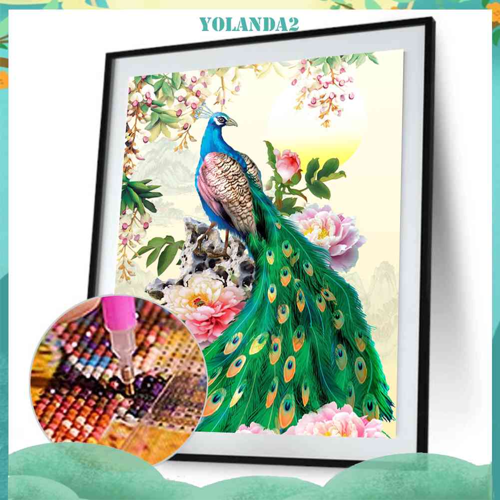 Tranh Thêu Chữ Thập Đính Đá Kim Cương DIY Hình Vẽ Hoa Chim Công