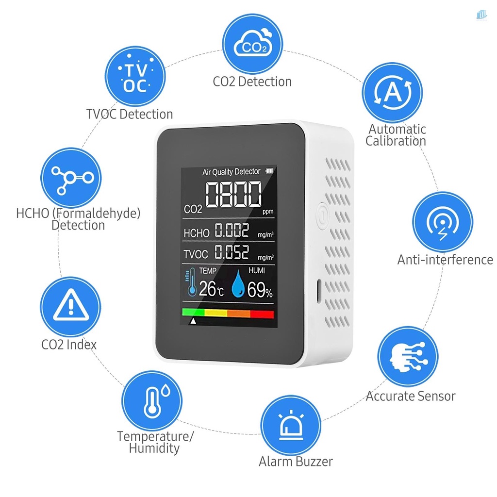 Máy Đo Độ Ẩm Không Khí CO2 5 Trong 1 Formaldehyde Hhho TVOC Có Màn Hình LCD (s2mwvn) 5 Trong 1 Có Thể Sạc Lại CO2 Cho Phòng Làm Việc