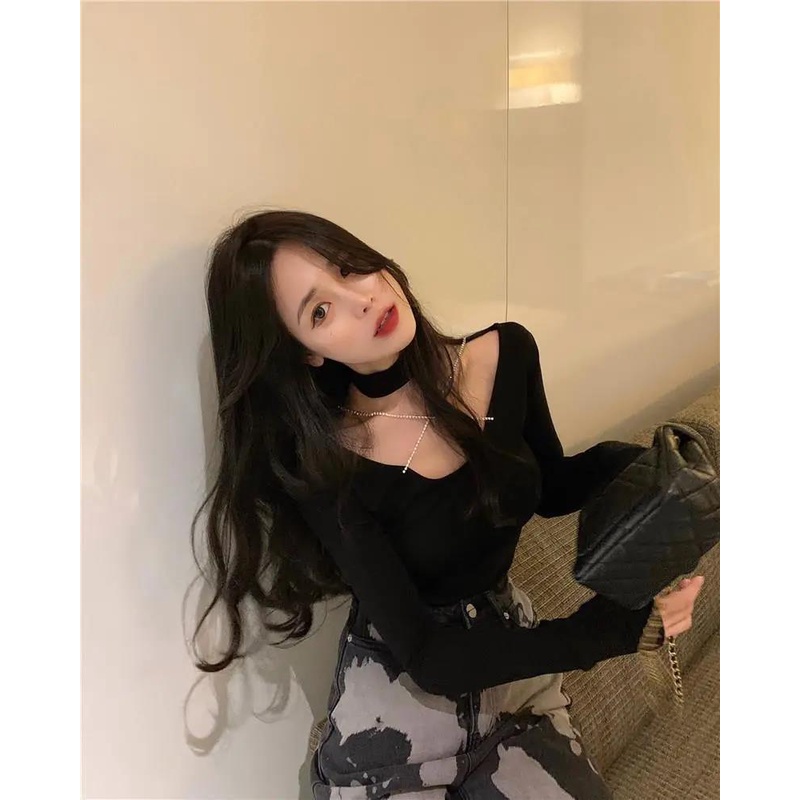 Áo Thun Tay Dài Dáng Ôm Phối Dây Xích Phong Cách Hàn Quốc Thời Trang Xuân Thu Cho Nữ