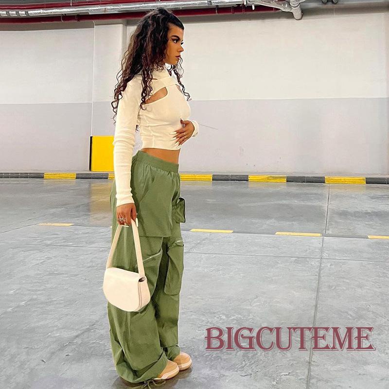 [] - Quần Ống Rộng Dây Rút Nhiều Túi Màu Trơn Giản Dị Dành Cho Nữ Màu Xanh Lá / Nâu