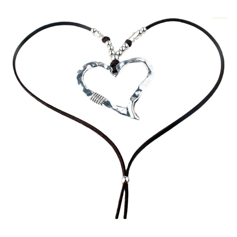 Vòng Cổ Choker Da Màu Nâu Phối Mặt Kim Loại Hình Trái Tim Phong Cách Hàn Quốc Thời Trang Cho Nữ