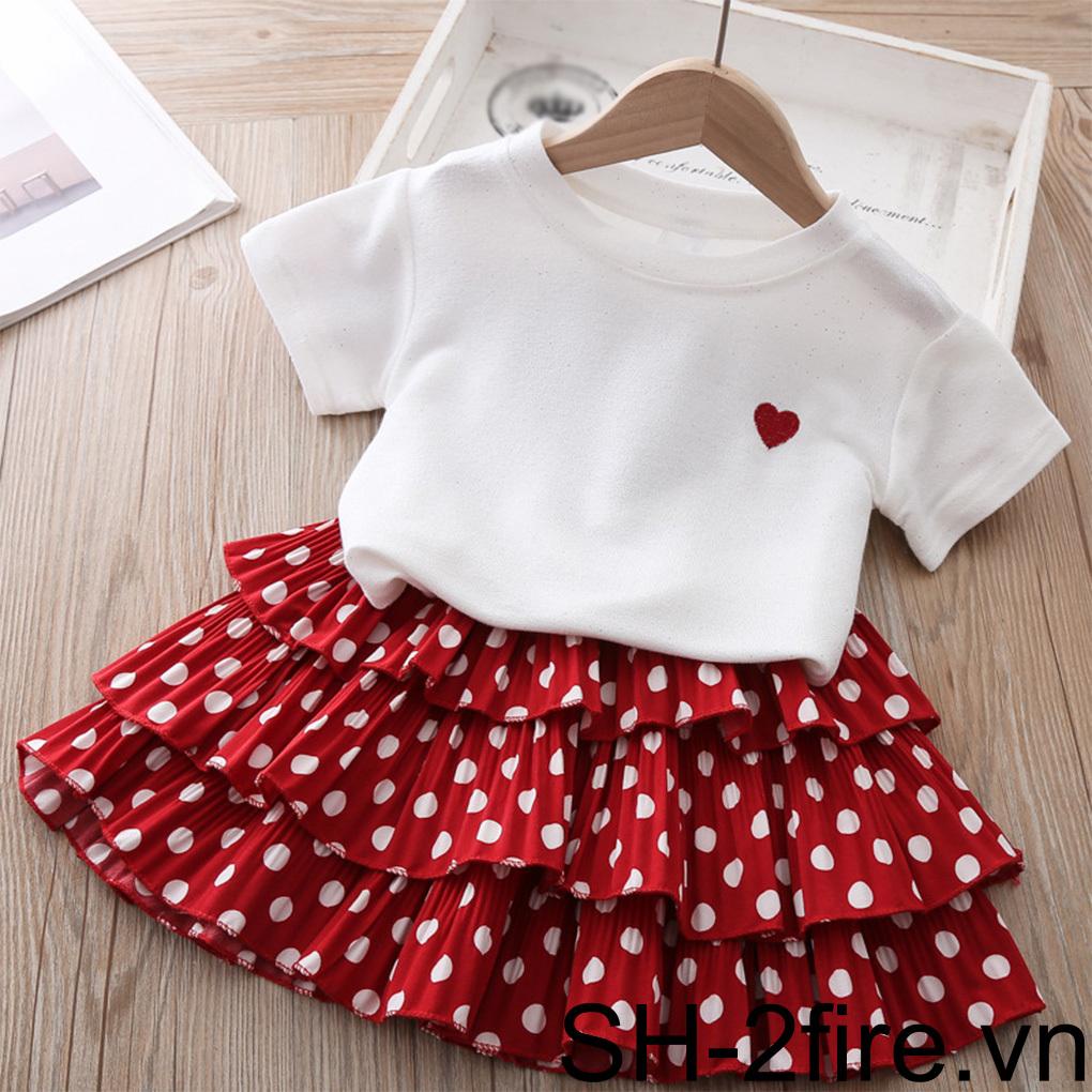Set Áo Thun Ngắn Tay Cổ Tròn Họa Tiết Trái Tim Và Chân Váy Chấm Bi Thời Trang Mùa Hè Cho Bé Gái