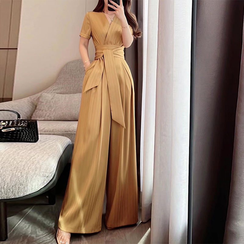 Design striped one-piece jumpsuit lace-up high waist straight casual wide leg jumpsuit for women