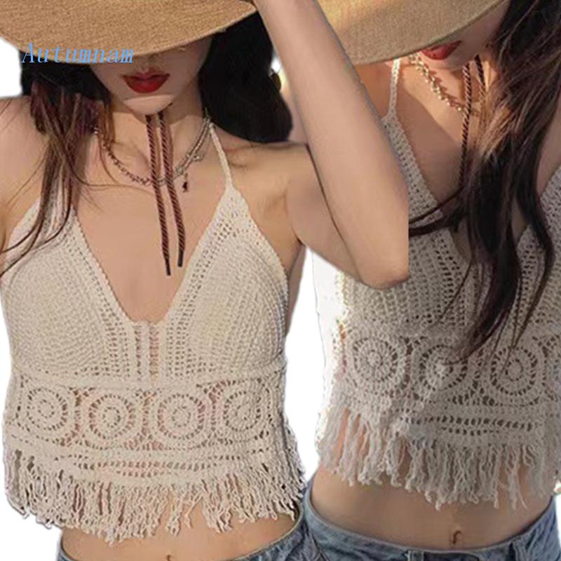 Áo Croptop Dệt Kim Cổ Chữ V Hở Lưng Phối Tua Rua Thời Trang Đi Biển Cho Nữ