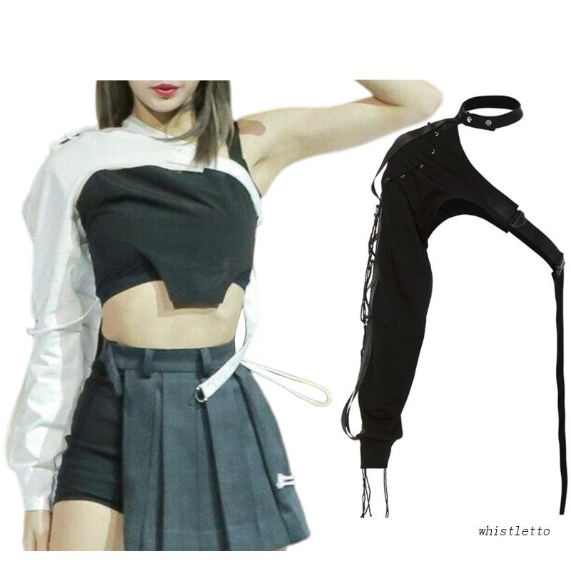 Whi Áo Crop Top Một Vai Tay Dài Có Khóa Cài Phong Cách Gothic Cho Nữ Shrug