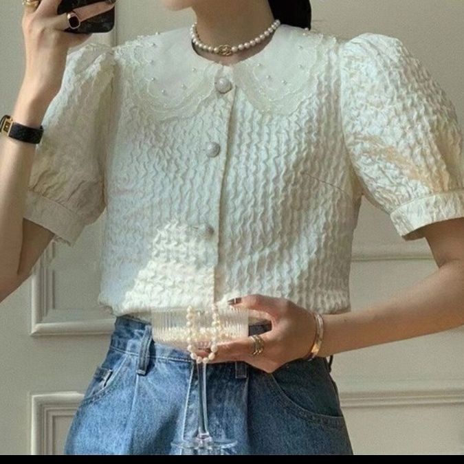 Áo Sơ Mi Tay Ngắn Phồng Cổ Búp Bê Phong Cách Phương Tây Thời Trang Mùa Xuân 2023