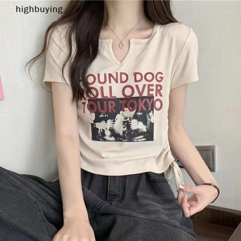 Áo Thun Lửng Ngắn Tay Cổ Chữ V In Chữ Phong Cách Retro Cho Nữ