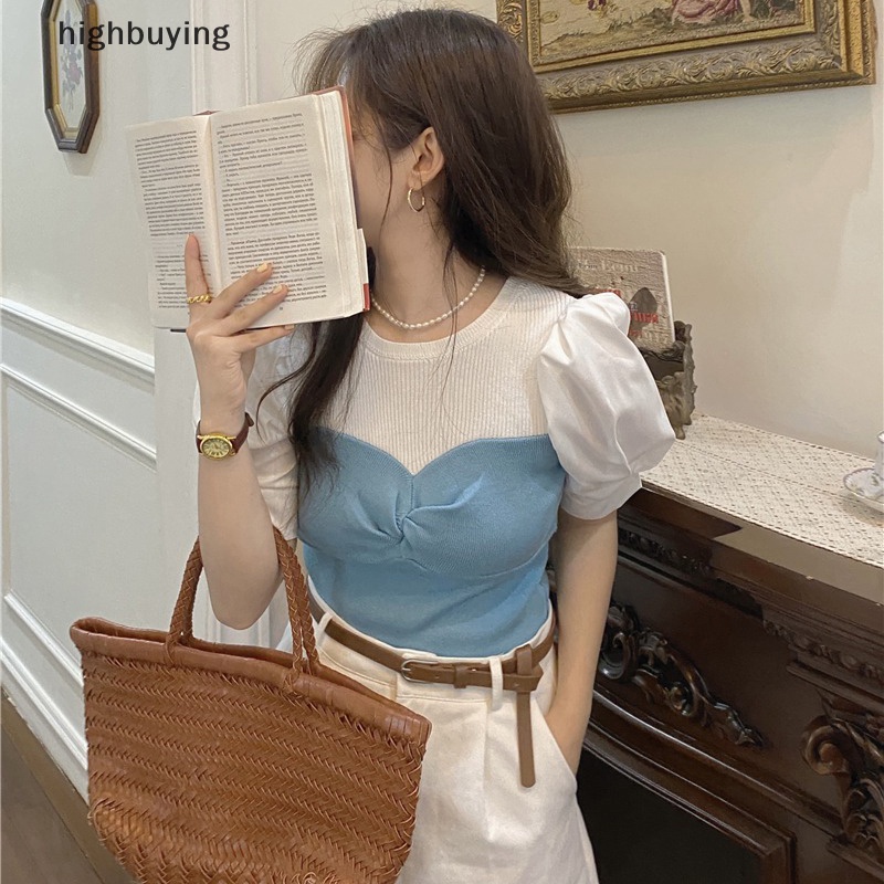 Hbvn Belle Áo Thun Giả Hai Lớp Tay Ngắn Phồng Ôm Dáng Phong Cách Retro Mùa Hè Cho Nữ