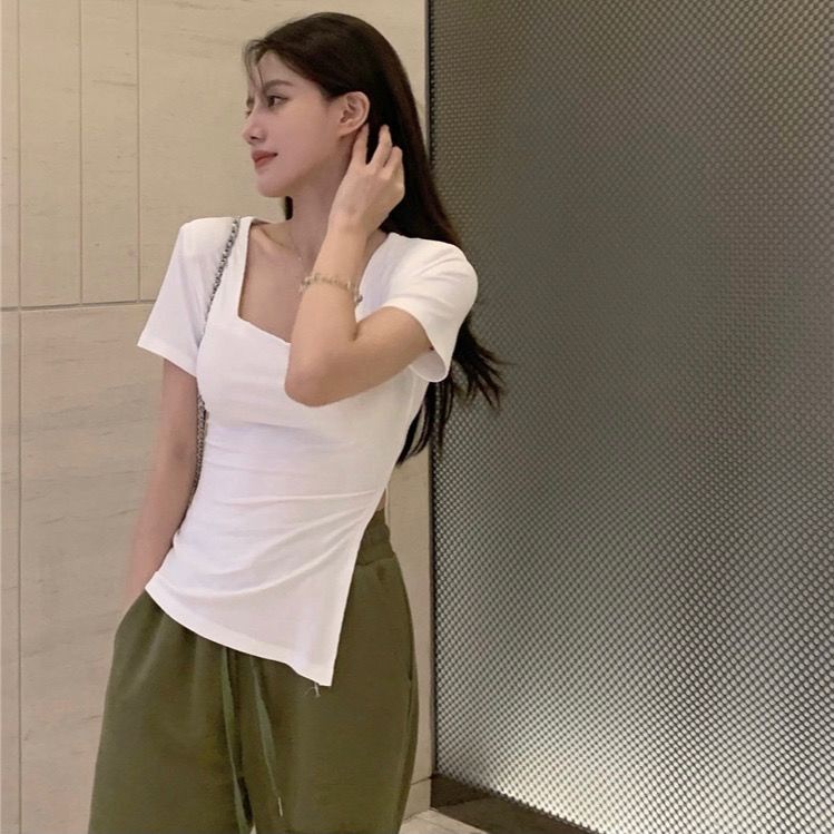 COZOK Áo Thun Ngắn Tay Cổ Vuông Xẻ Tà Thời Trang Retro Cá Tính