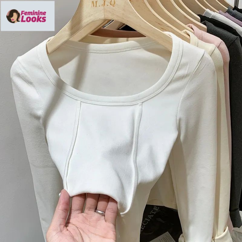 Áo Thun Ôm Cổ Chữ U Tay Dài Bằng Vải Nhung Ấm Áp Phong Cách Đức
