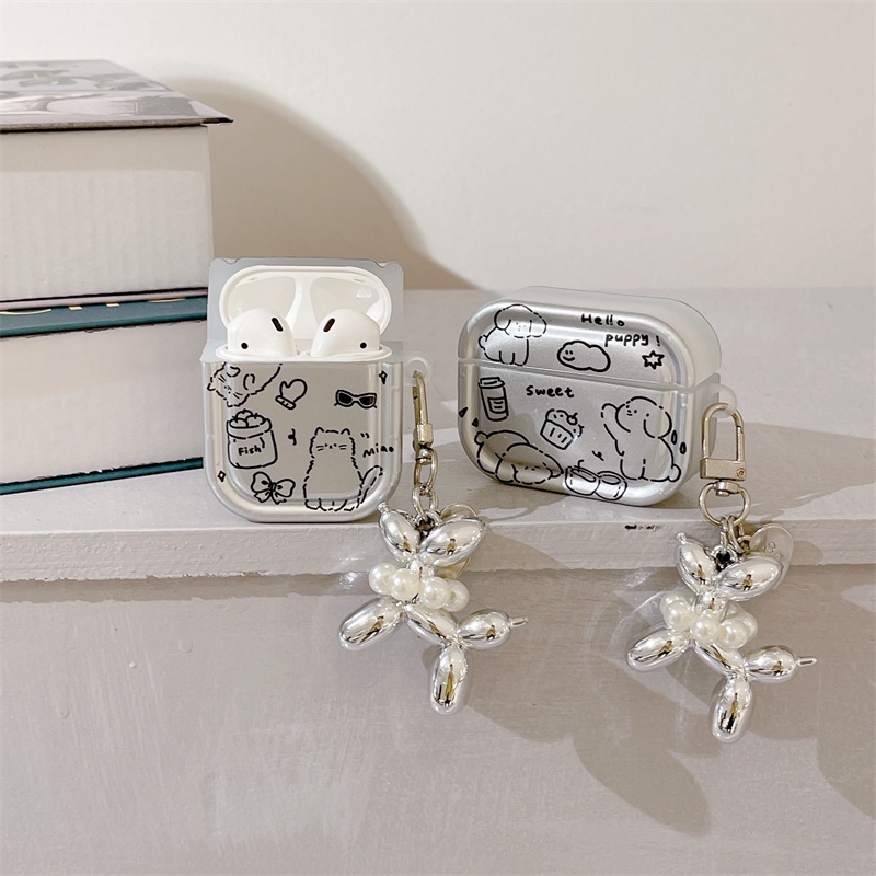 Vỏ Bảo Vệ Hộp Sạc Tai Nghe Bluetooth Không Dây Airpods1 / 2 3 Pro Pro2 Air Pods Pro 3 Mạ Bạc Hình Chó Mèo Dễ Thương