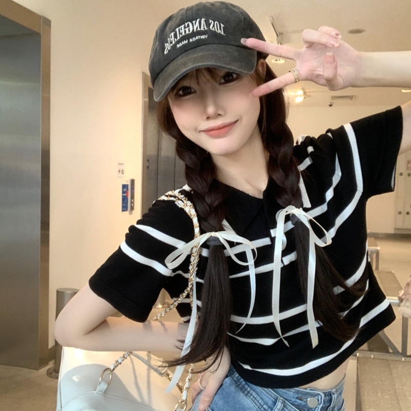 Áo polo Dệt Kim Ngắn Tay Ôm Dáng Họa Tiết Kẻ Sọc Màu Tương Phản Đơn Giản Cho Nữ