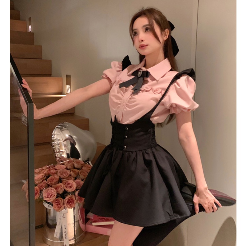 Bộ Áo Sơ Mi Ngắn Tay + Chân Váy Lưng Cao Thời Trang Mùa Hè Dành Cho Nữ