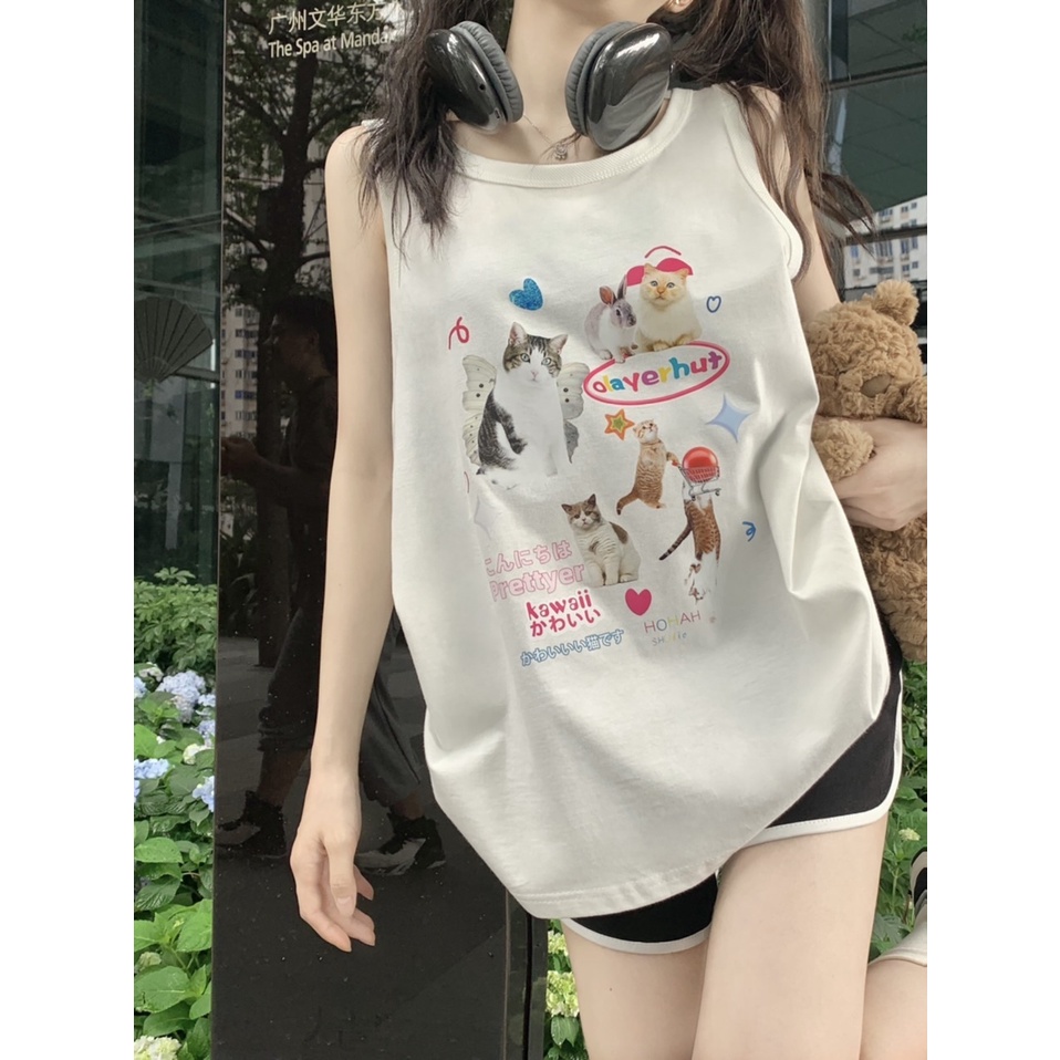 Áo Thun Không Tay In Hình Mèo Dễ Thương Thời Trang Mùa Hè Dành Cho Nữ