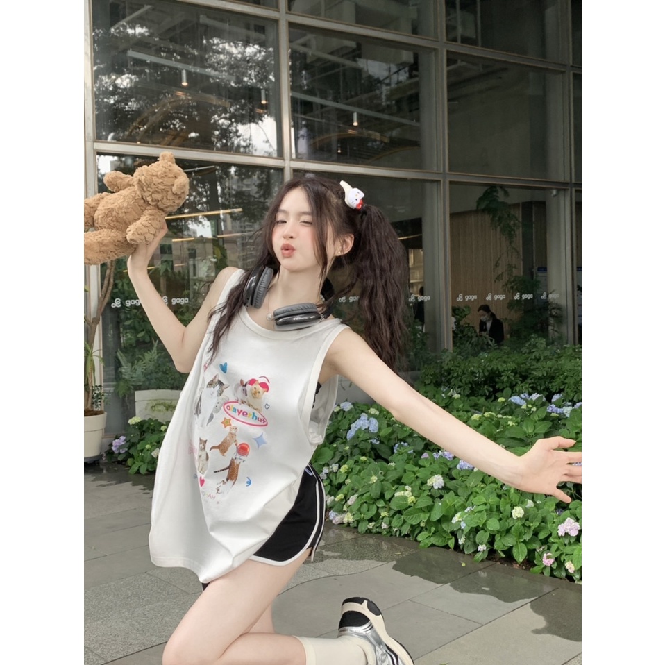 Áo Thun Không Tay In Hình Mèo Dễ Thương Thời Trang Mùa Hè Dành Cho Nữ