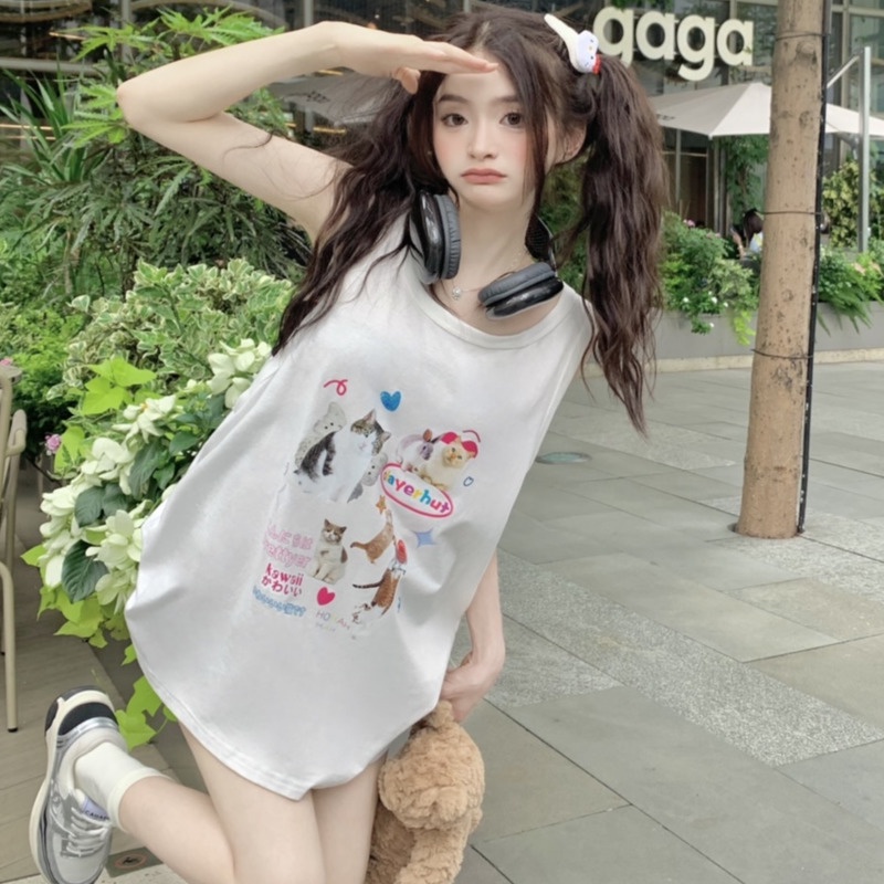 Áo Thun Không Tay In Hình Mèo Dễ Thương Thời Trang Mùa Hè Dành Cho Nữ