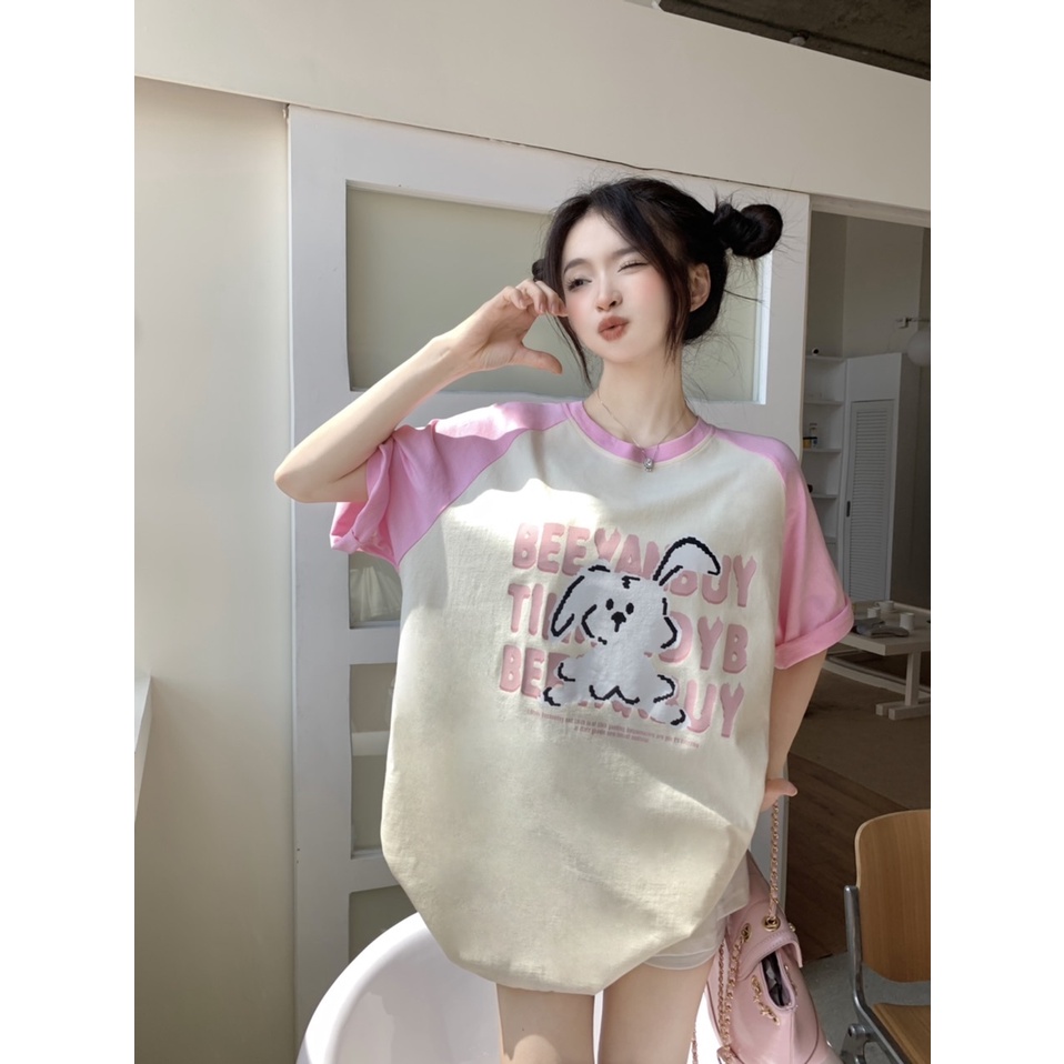 Áo Thun Tay Ngắn Cổ Tròn In Hình Thỏ Nhỏ Dễ Thương Phối Màu Phong Cách Cổ Điển Thời Trang Cho Nữ