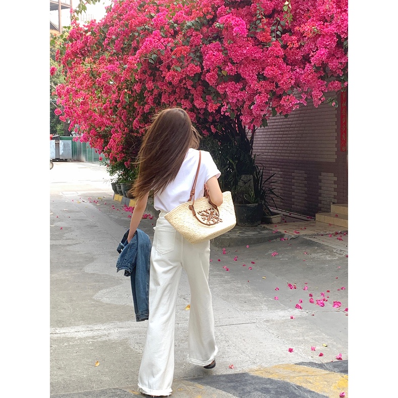 Quần jean SUXI ống rộng lưng cao viền tua rua thời trang mùa xuân cho nữ