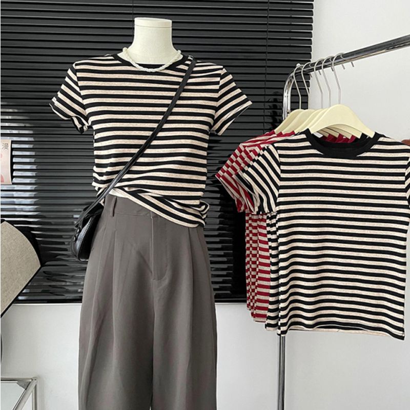 Áo Thun Cotton Ngắn Tay Họa Tiết Kẻ Sọc Màu Trơn Mẫu Mới 2023 Thời Trang Mùa Hè Cho Nữ