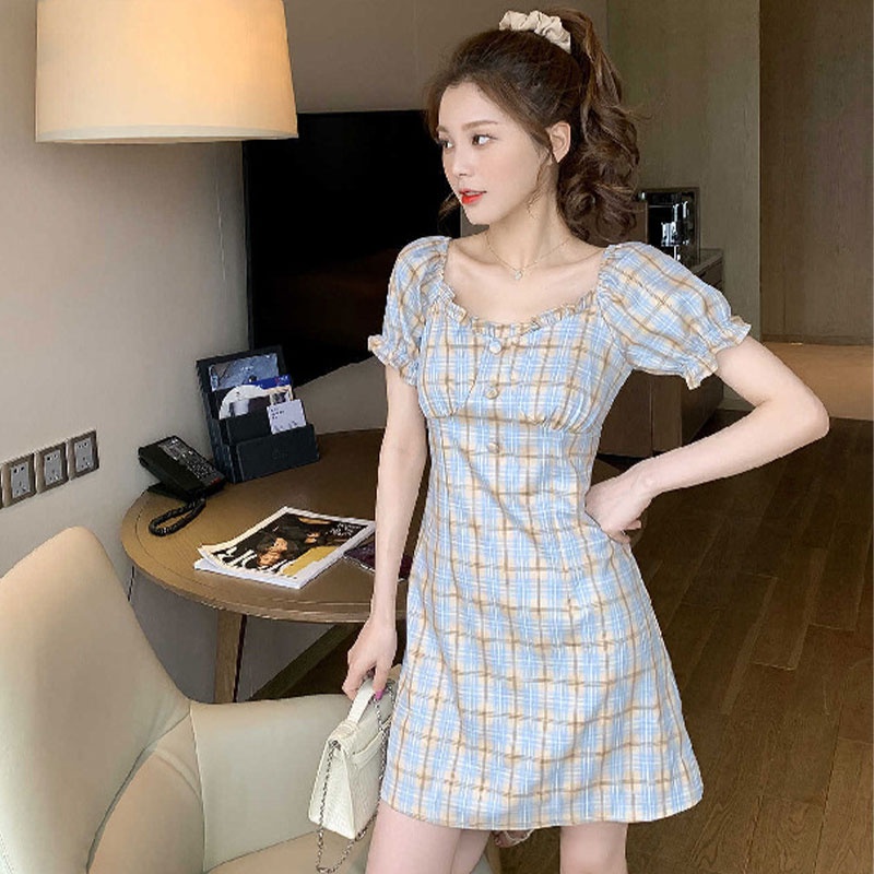 Đầm Tay Ngắn Hở Vai Ôm Eo Họa Tiết Sọc Caro Phong Cách Pháp Cổ Điển Thời Trang Cho Nữ