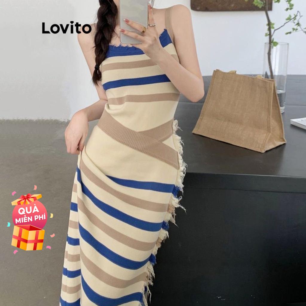 Đầm ôm dáng Lovito viền cắt xẻ tà kẻ sọc cơ bản cho nữ LNE02058 (nhiều màu sắc)