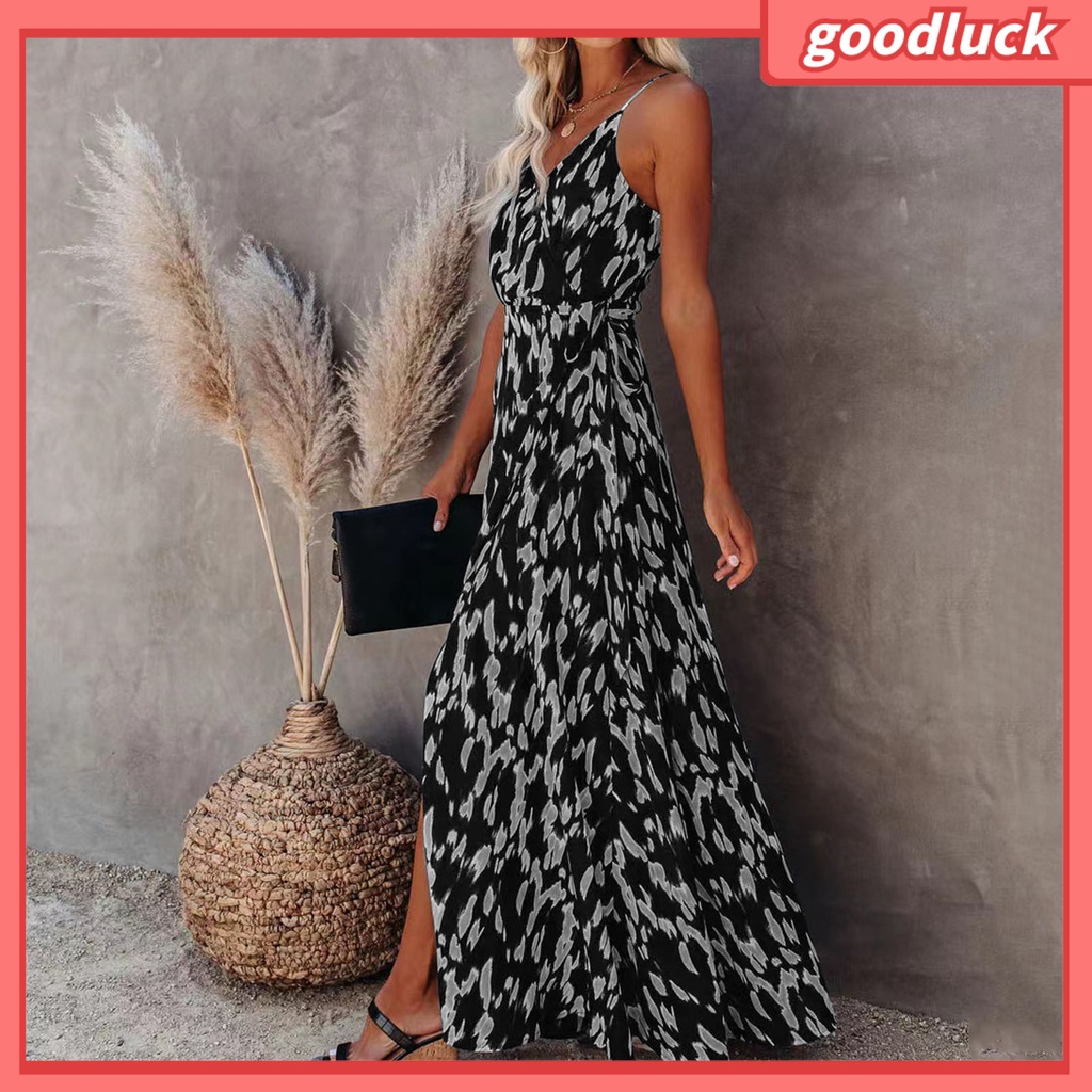 [ULK] Đầm Hai Dây Cổ Chữ V Họa Tiết Ngựa Vằn Hở Lưng Xẻ Tà Ôm Eo Gợi Cảm Cho Nữ