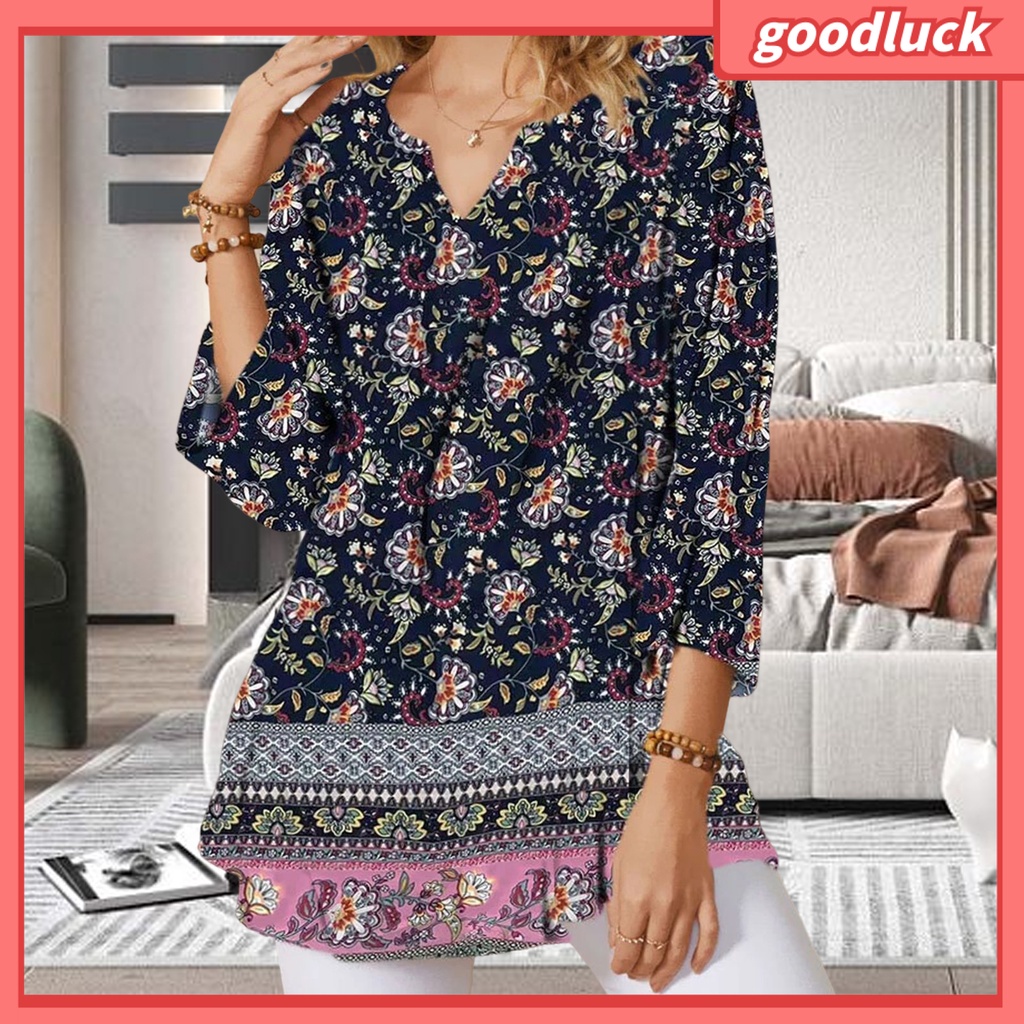 Áo Sơ Mi Tay Lỡ 3 / 4 Cổ Chữ V Họa Tiết Hoa Phong Cách Bohemian Dành Cho Nữ