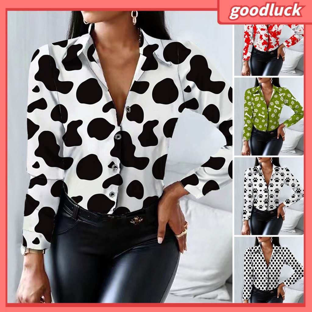 Áo Sơ Mi Tay Dài Cổ Bẻ In Họa Tiết Bò Sữa Thời Trang Công Sở Cho Nữ