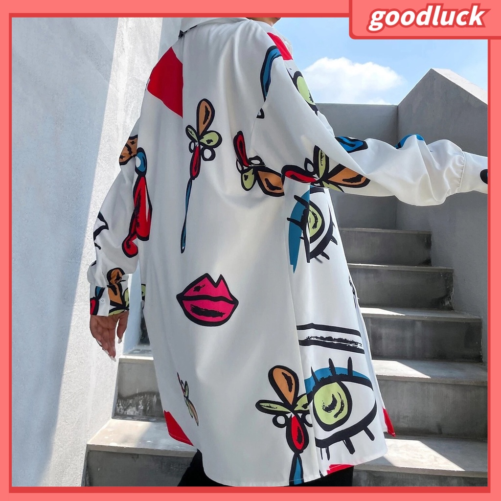[ULK] Áo Sơ Mi Dài Tay Một Hàng Nút In Hình Đôi Mắt Thời Trang Dài Ngang Bắp Chân Cho Nữ