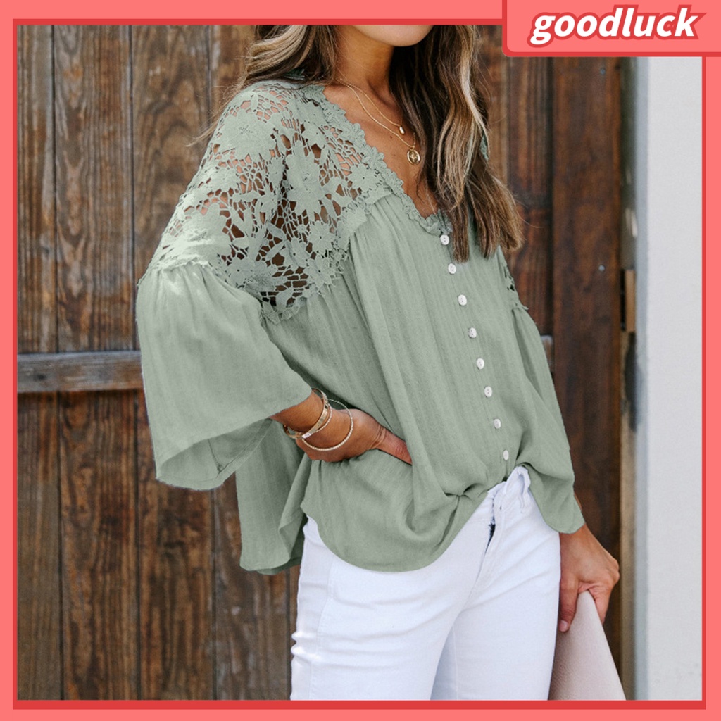 Áo Sơ Mi Tay Loe 3 / 4 Cổ Chữ V Màu Sắc Thời Trang Dành Cho Nữ