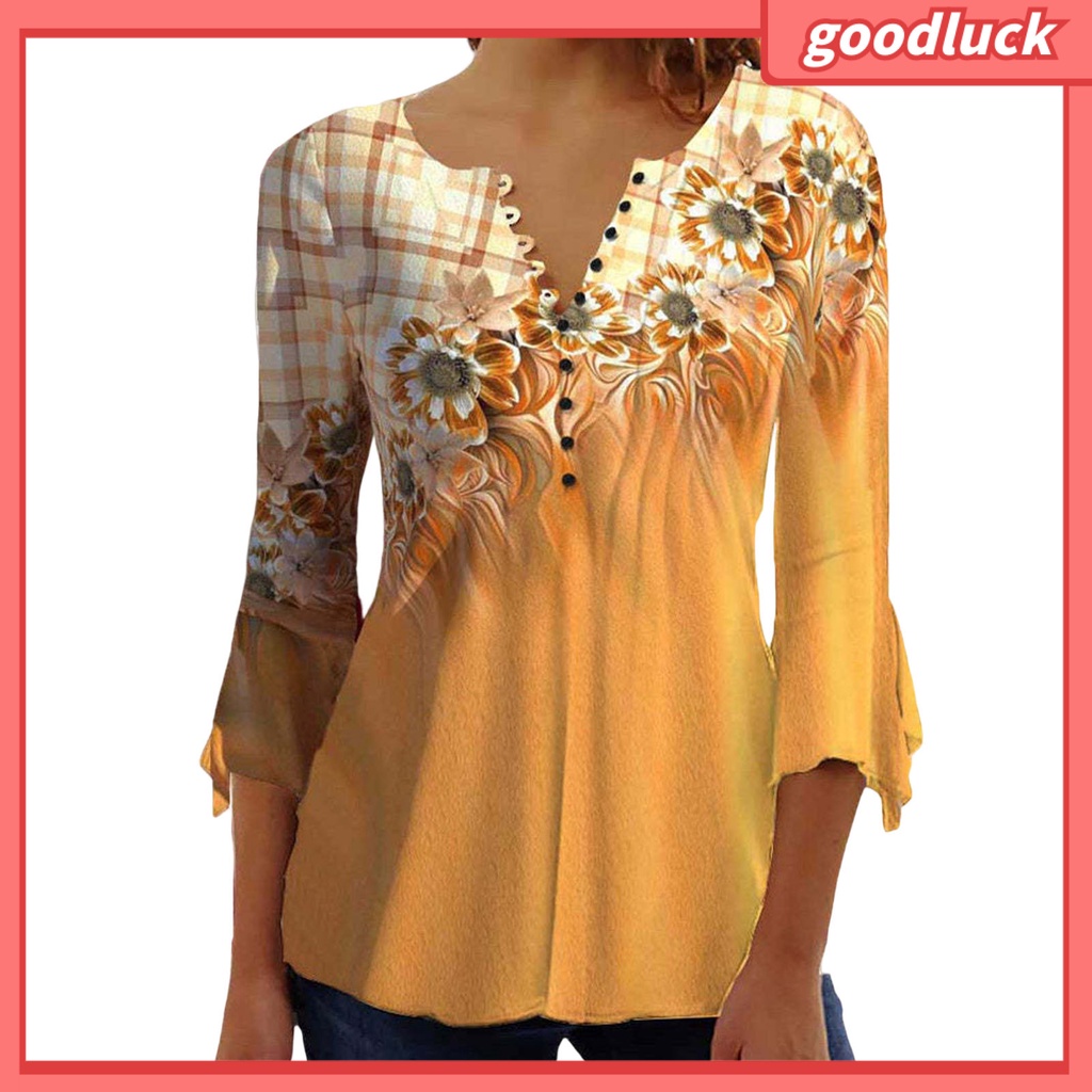 [ULK] Áo Sơ Mi Tay Lửng Dáng Rộng Cổ Chữ V In Hoa Một Hàng Nút Thời Trang Xuân Hè