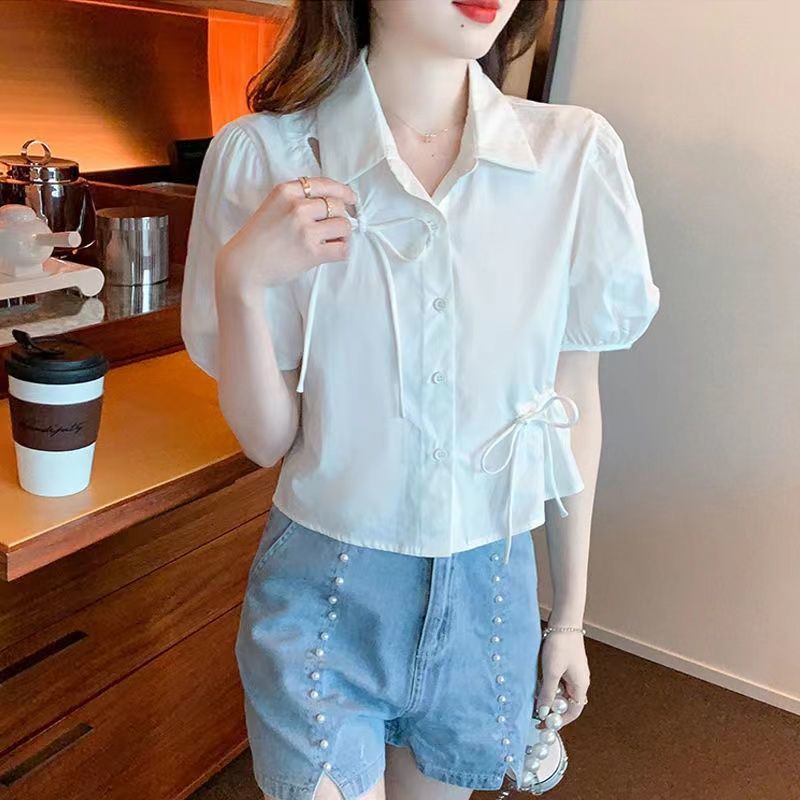 Áo Sơ Mi Tay Ngắn Phồng Ngắn Phối Dây Rút Thời Trang Mùa Hè Hàn Quốc Mới Cho Nữ