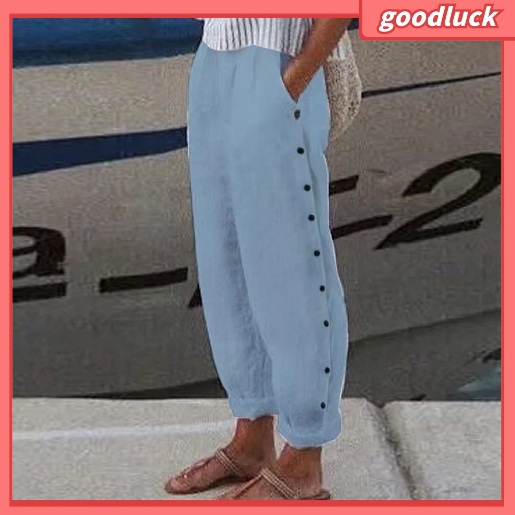 [ULK] Quần Dài Dáng Rộng Lưng Thun Màu Trơn Có Hai Túi Cài Nút Trang Trí Mặc Hàng Ngày Đơn Giản Cho Nữ