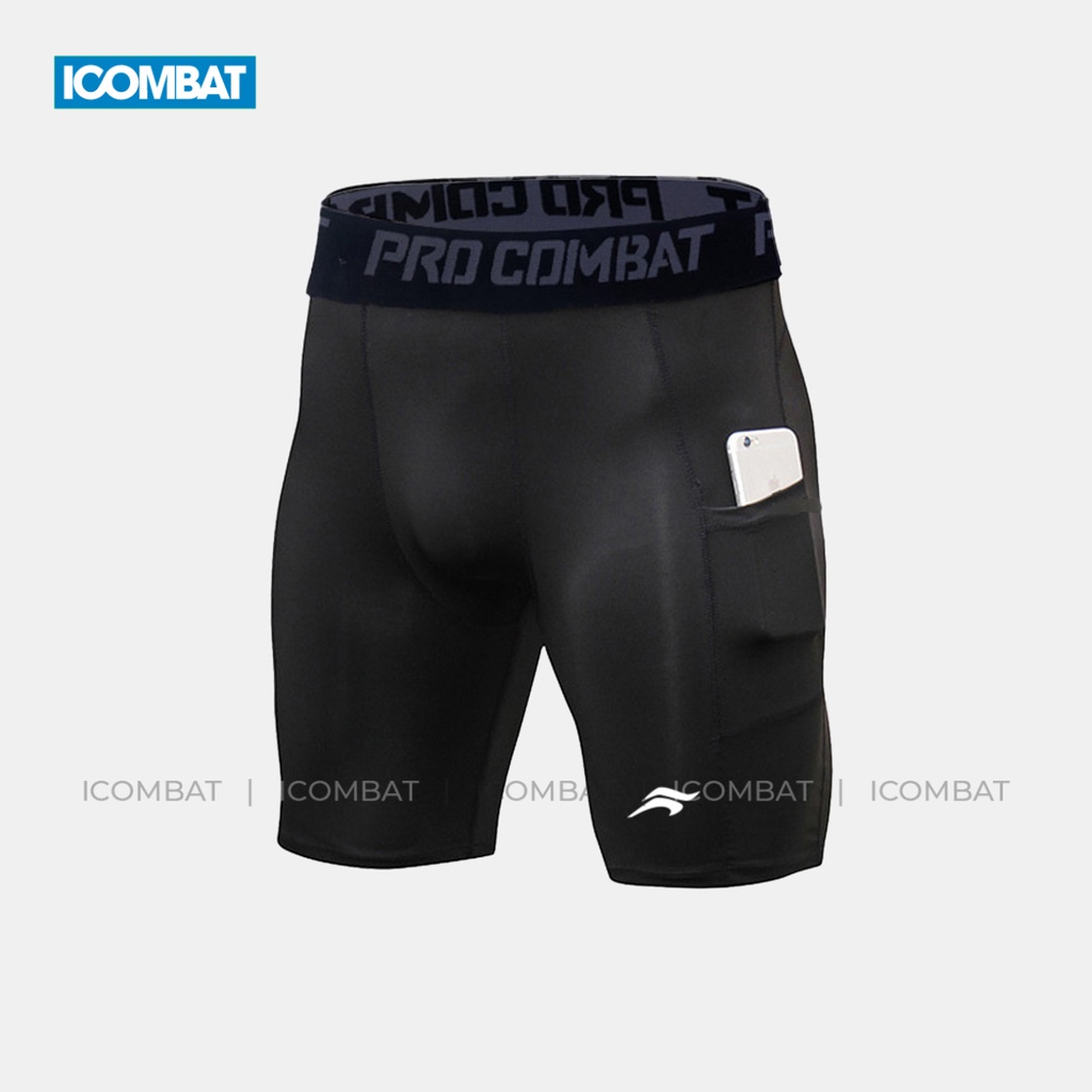 Quần legging thể thao nam ngắn có túi chạy bộ thoáng mát ICOMBAT RUNNING Vải Coolmax™ ½ màu đen màu trắng - QL50