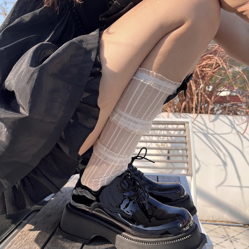 Vớ Lưới Dài Qua Gối Viền Ren Thắt Nơ Cho Nữ