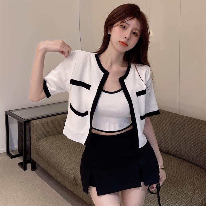 Áo Cặp Thun Gân Áo Ba Lỗ Viền Màu Kết Hợp Áo Khoác Ngoài Ngắn Tay TTSLA1192